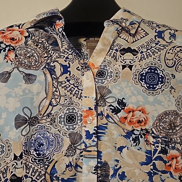 Chico’s 100% Linen Non-Iron Floral Loop-Back Tunic Button Up Shirt Chico's 2 (L) - Picture 3 of 5